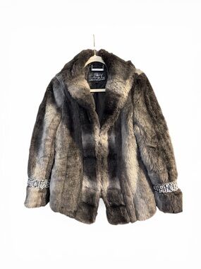 Luxstar Plush Faux Fur Coat in Charcoal Gray with Embellished Cuffs